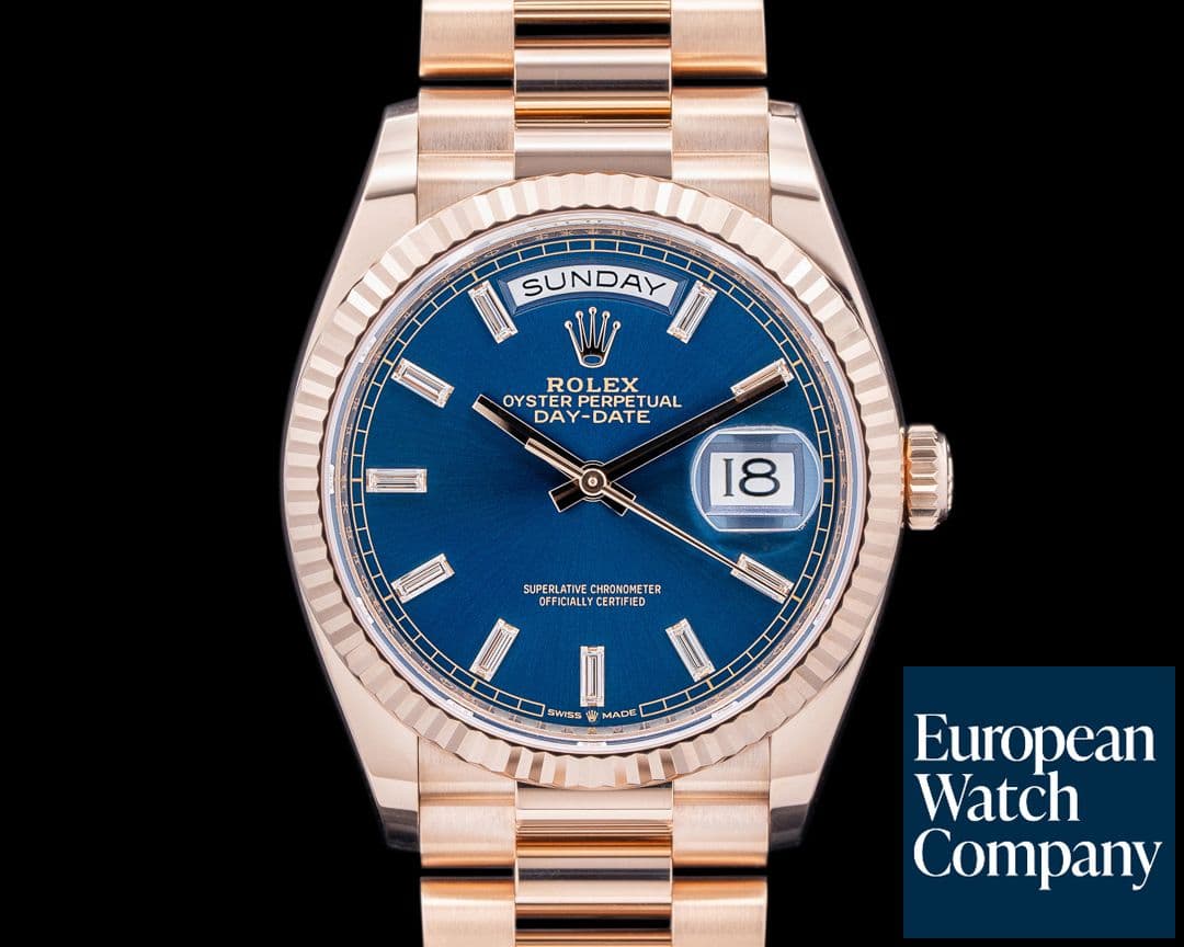 Image of Rolex Day Date President 18K Rose Gold Blue Baguette Dial 2025 FULL SET