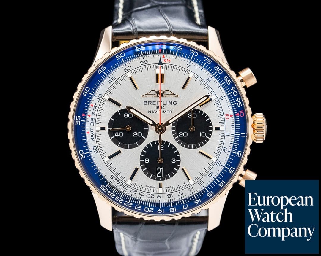 Image of Breitling RB0137 Navitimer B01 Chronograph 18K Red Gold Silver Dial
