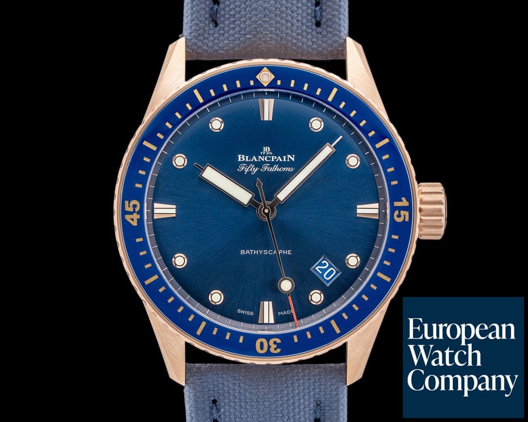 Image of Blancpain 5000 Fifty Fathoms Bathyscaphe 18K Rose Gold Blue Dial UNWORN