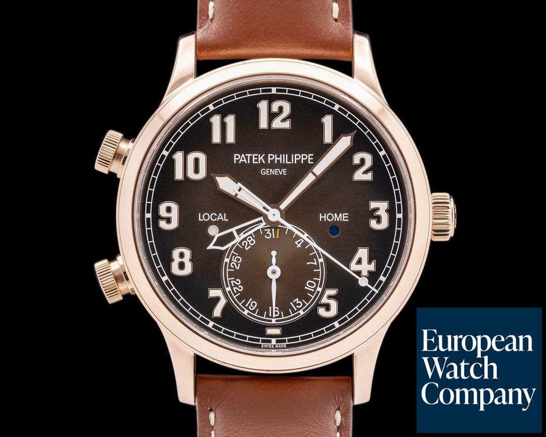 Image of Patek Philippe 5524R-001 Calatrava Pilot Travel Time 18K Rose Gold Sunburst Brown Dial