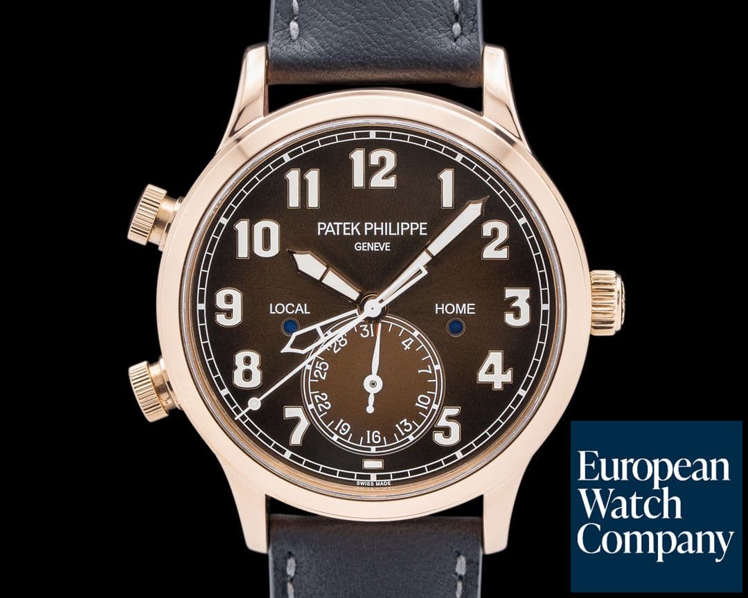 Image of Patek Philippe 5524R Calatrava Pilot Travel Time 18K Rose Gold Sunburst Brown Dial