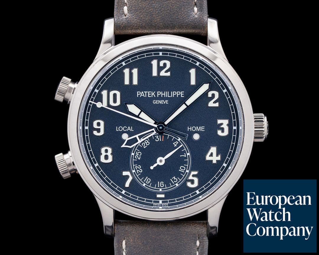 Image of Patek Philippe 5524G Calatrava Pilot Travel Time 18K White Gold Blue Dial