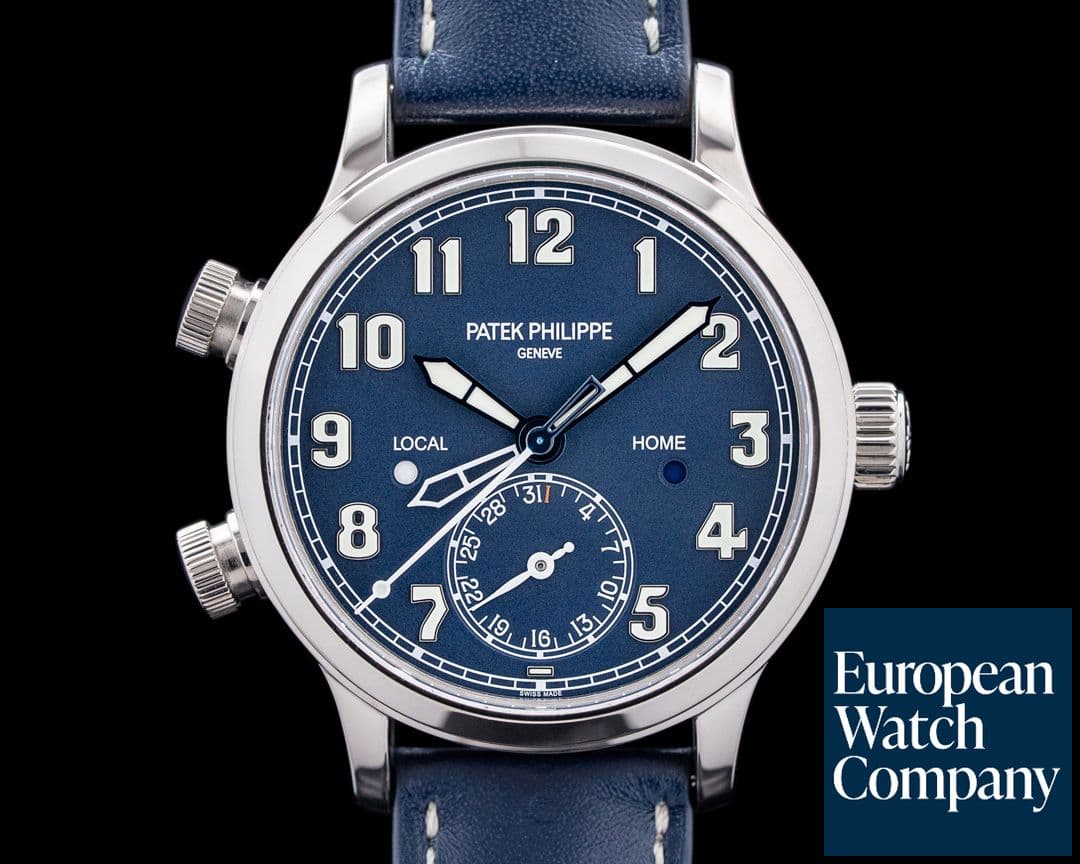 Image of Patek Philippe 7234G Calatrava Pilot Travel Time 18K White Gold Navy Blue Dial