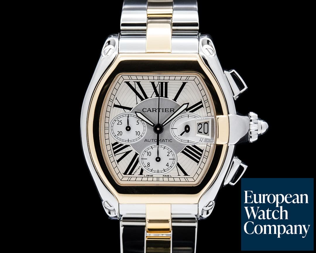 Image of Cartier W62027Z1 Roadster XL Chronograph SS/ 18K Yellow Gold Silver Dial