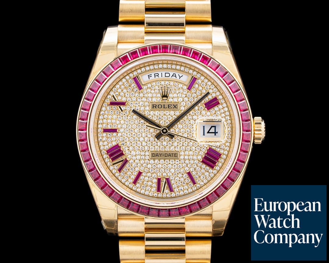 Image of Rolex Day Date 18K Yellow Gold Ruby Bezel Diamond Dial UNWORN