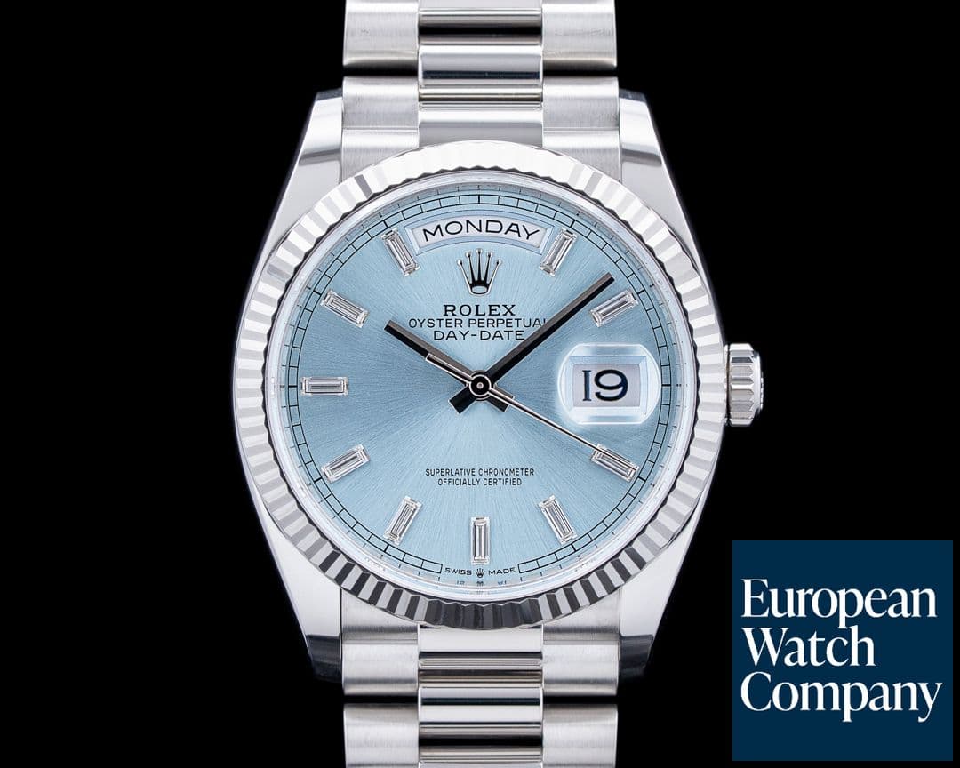 Image of Rolex 128236 Day Date 36MM Platinum Ice Blue Baguette Dial 2025