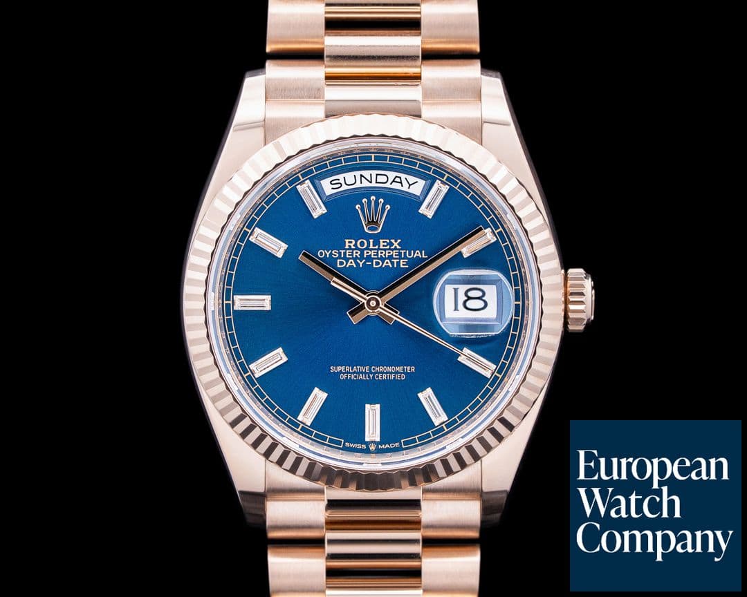 Image of Rolex 128235 Day Date President 18K Rose Gold Blue Baguette Dial