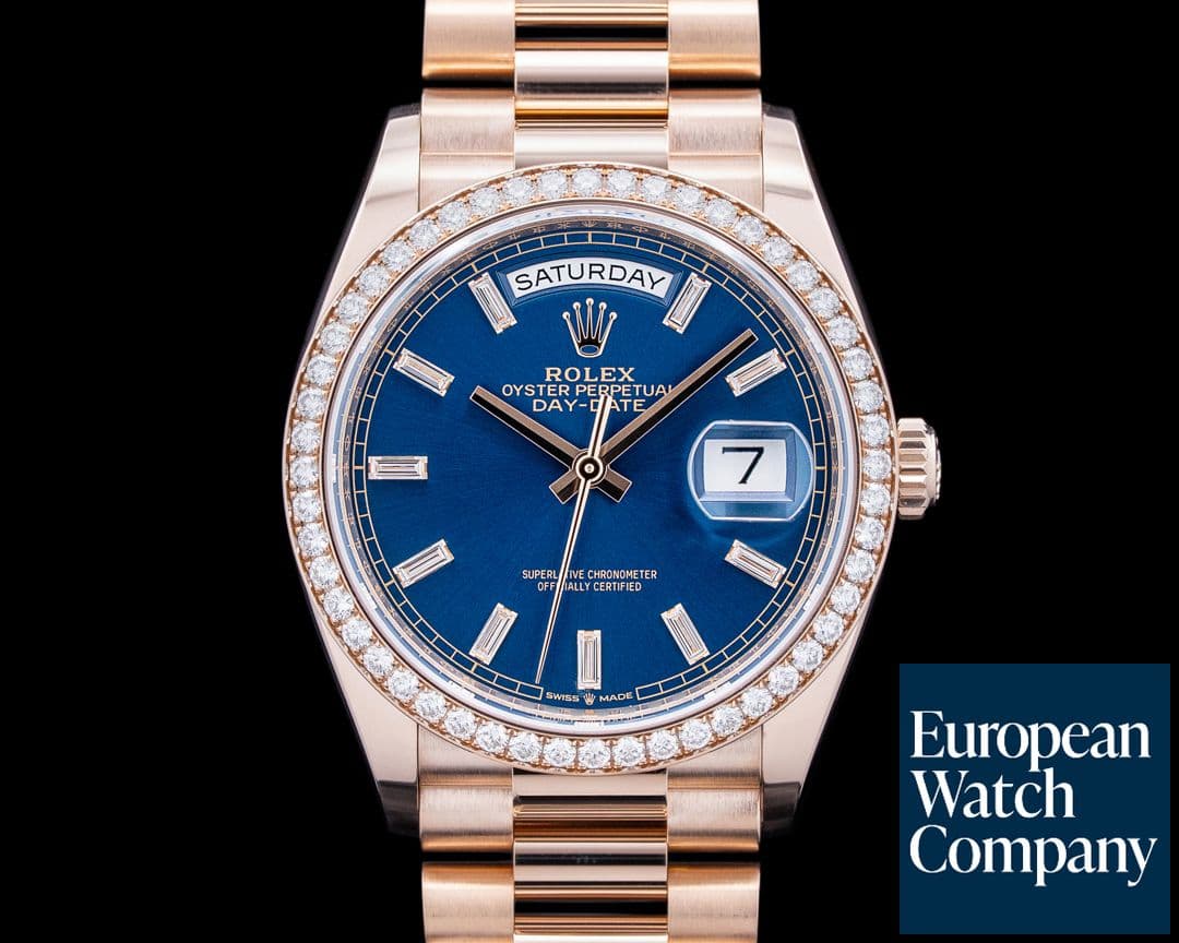Image of Rolex 128345RBR Day Date 36 18K Everose Gold Diamond Bezel Blue Dial 2025
