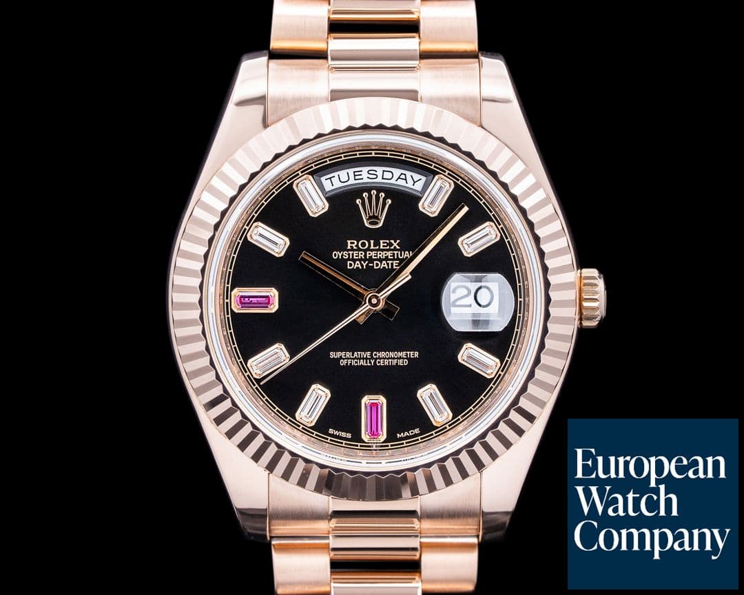 Image of Rolex 218235 Day Date II 18K Everose Gold Black Ruby Baguette Dial