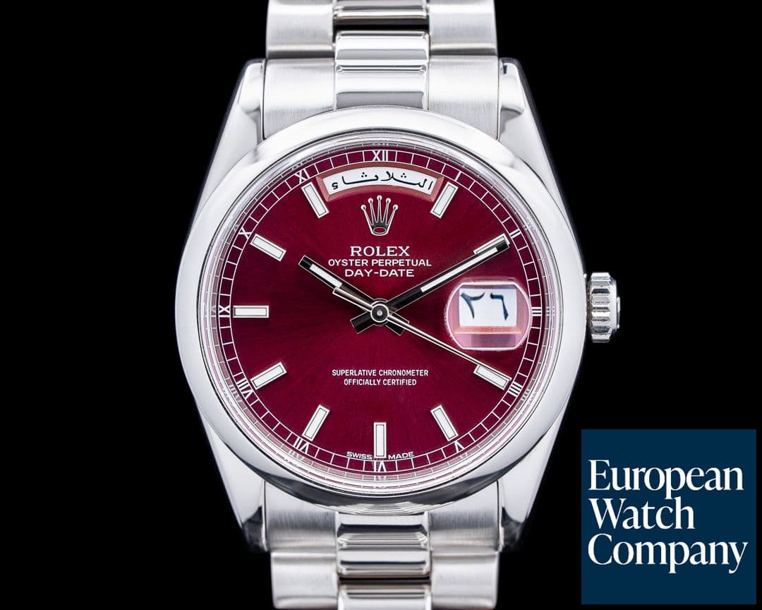 Image of Rolex 118206 Day Date 36 Platinum Cherry Red Dial Arabic Circa. 2000