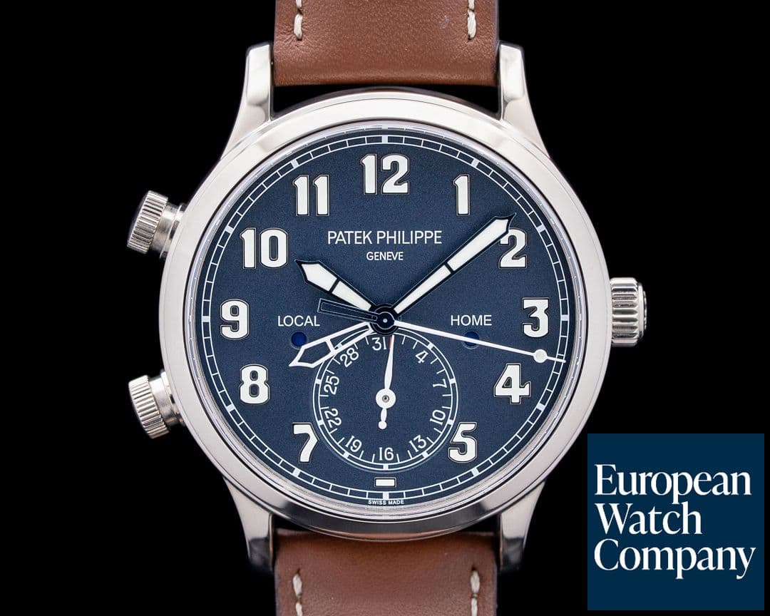 Image of Patek Philippe 5524G Calatrava Pilot Travel Time 18K White Gold Blue Dial