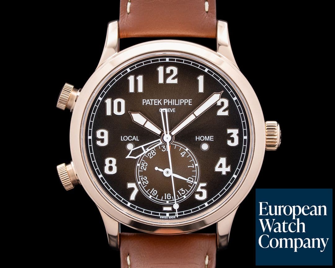 Image of Patek Philippe 5524R Calatrava Pilot Travel Time 18K Rose Gold Brown Dial UNWORN