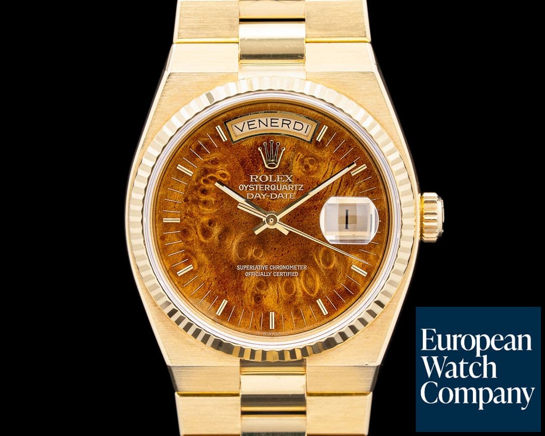 Image of Rolex 19018 Day Date Oysterquartz 18K Yellow Gold Burlwood Dial
