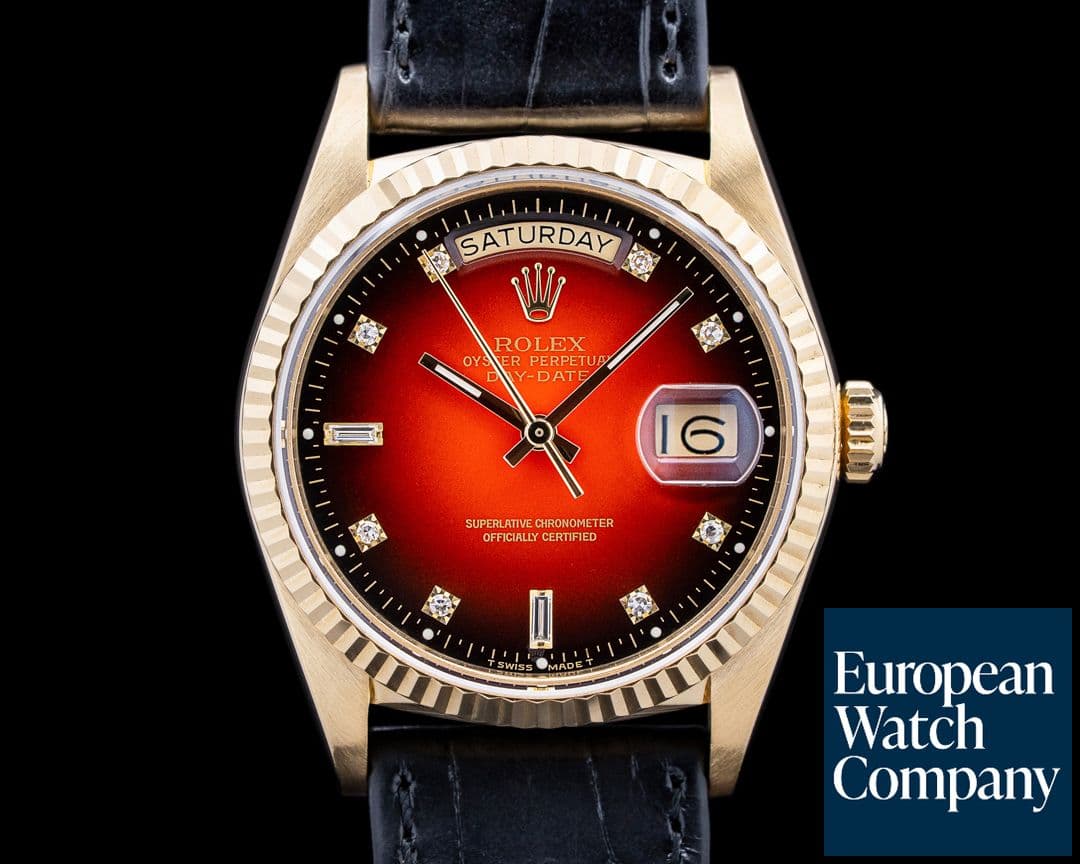 Image of Rolex 18038 Day Date 36 18K YG Red Vignette Diamond Dial c. 1986