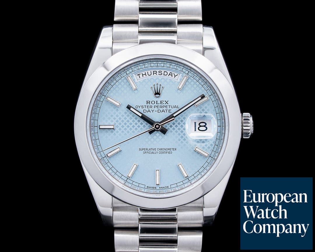 Image of Rolex 228206 Day-Date President Platinum Ice Blue Diagonal Motif Dial