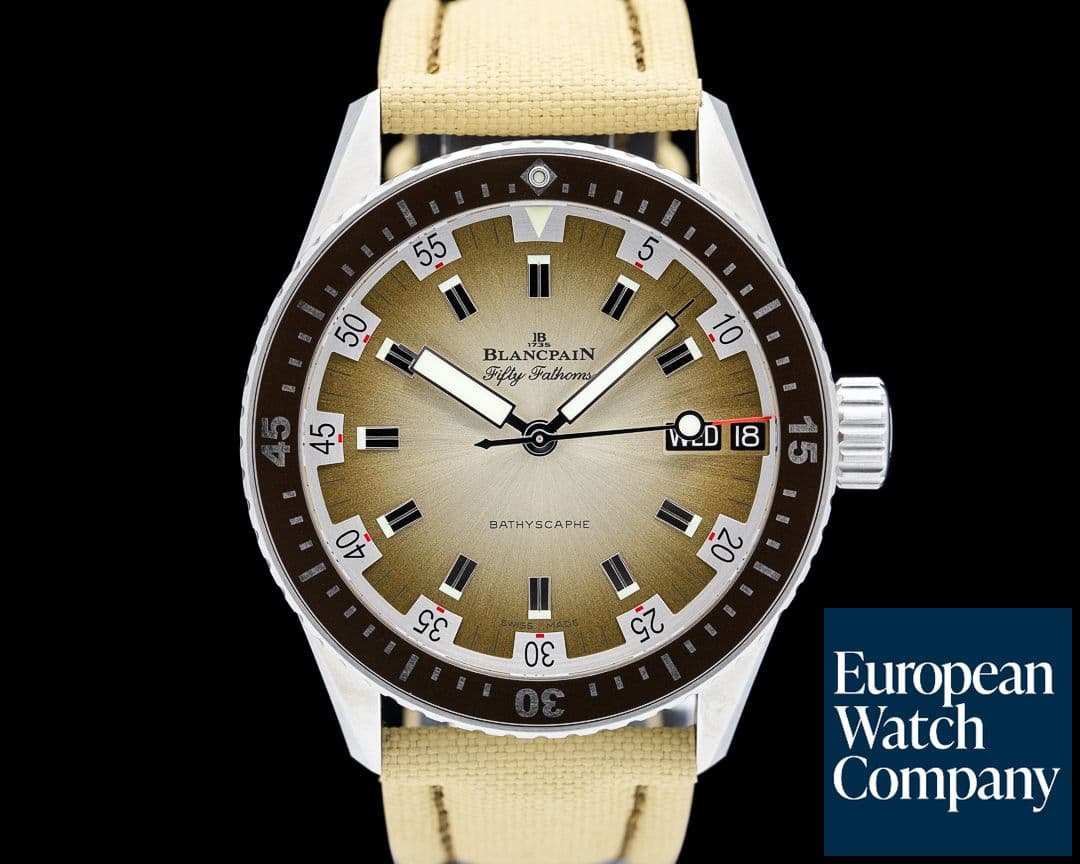 Image of Blancpain Fifty Fathoms Bathyscaphe Day Date Desert Edition SS Sand Gradient Dial