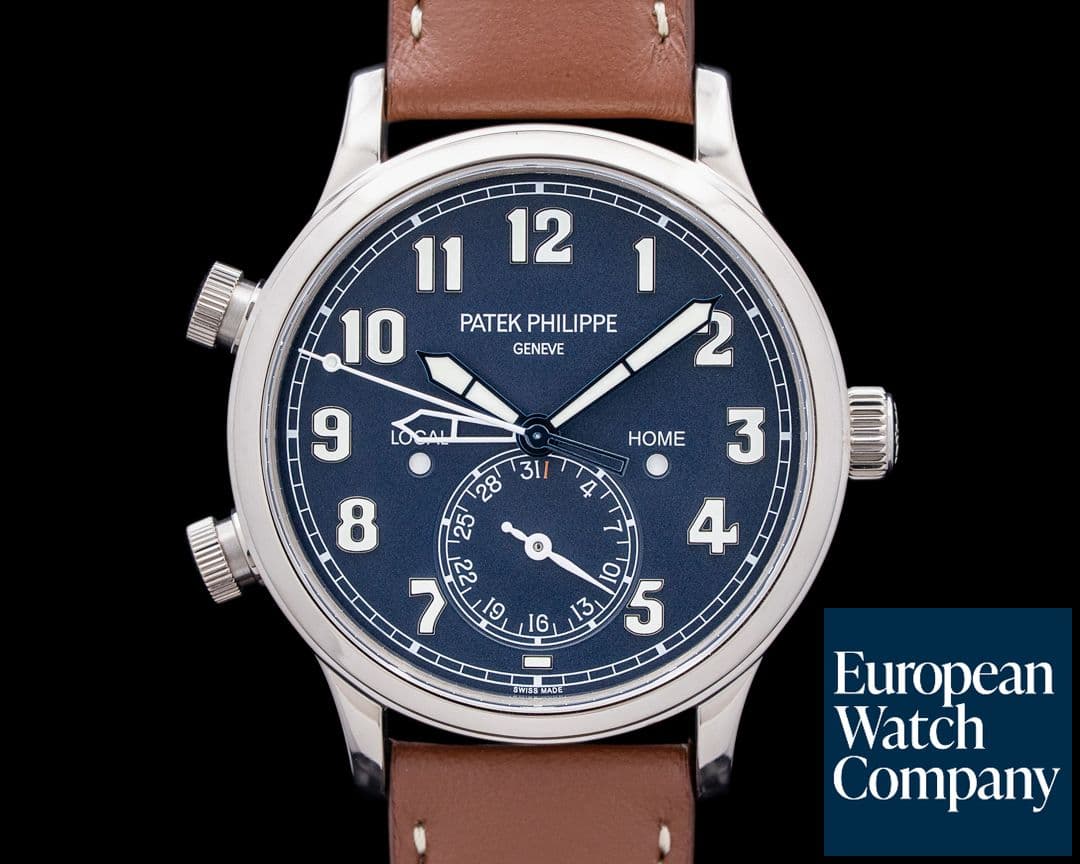 Image of Patek Philippe 5524G Calatrava Pilot Travel Time 18K White Gold Blue Dial
