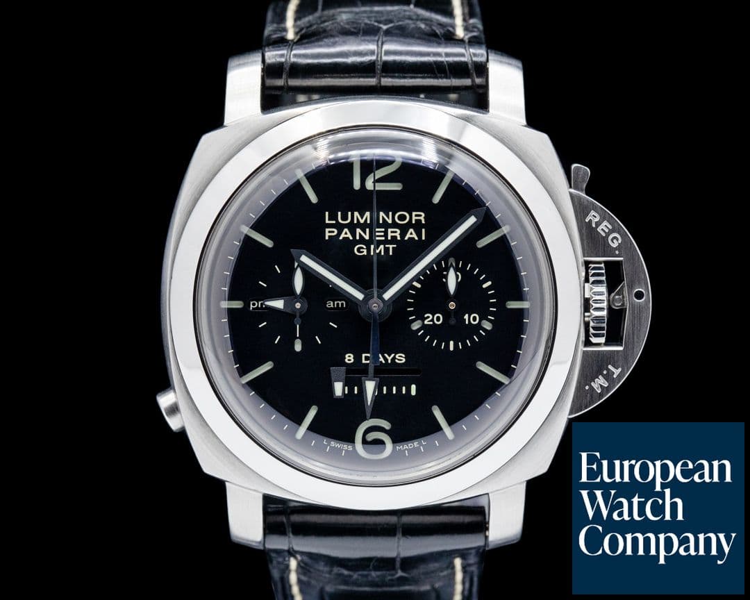 Image of Panerai PAM00275 Luminor 1950 8 Days Chrono Monopulsante GMT SS Black Dial