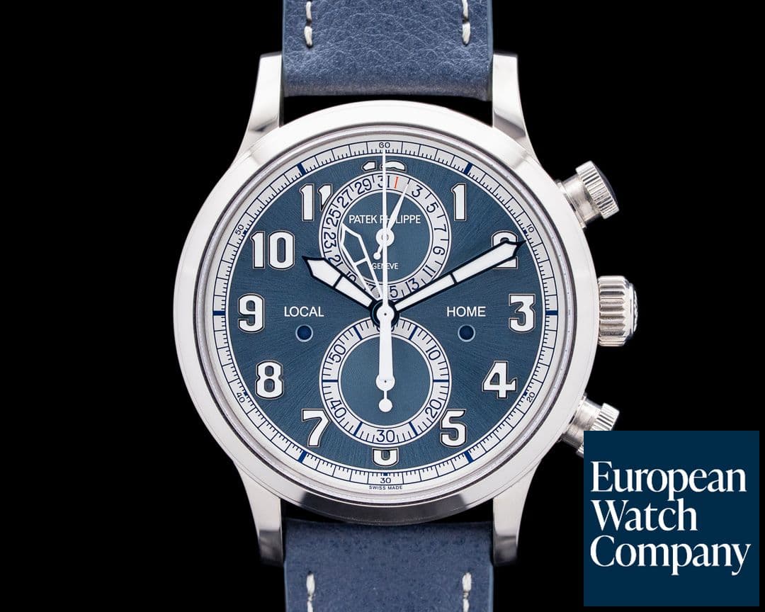 Image of Patek Philippe 5924G Calatrava Pilot Travel Time Chronograph 18K White Gold Blue Dial