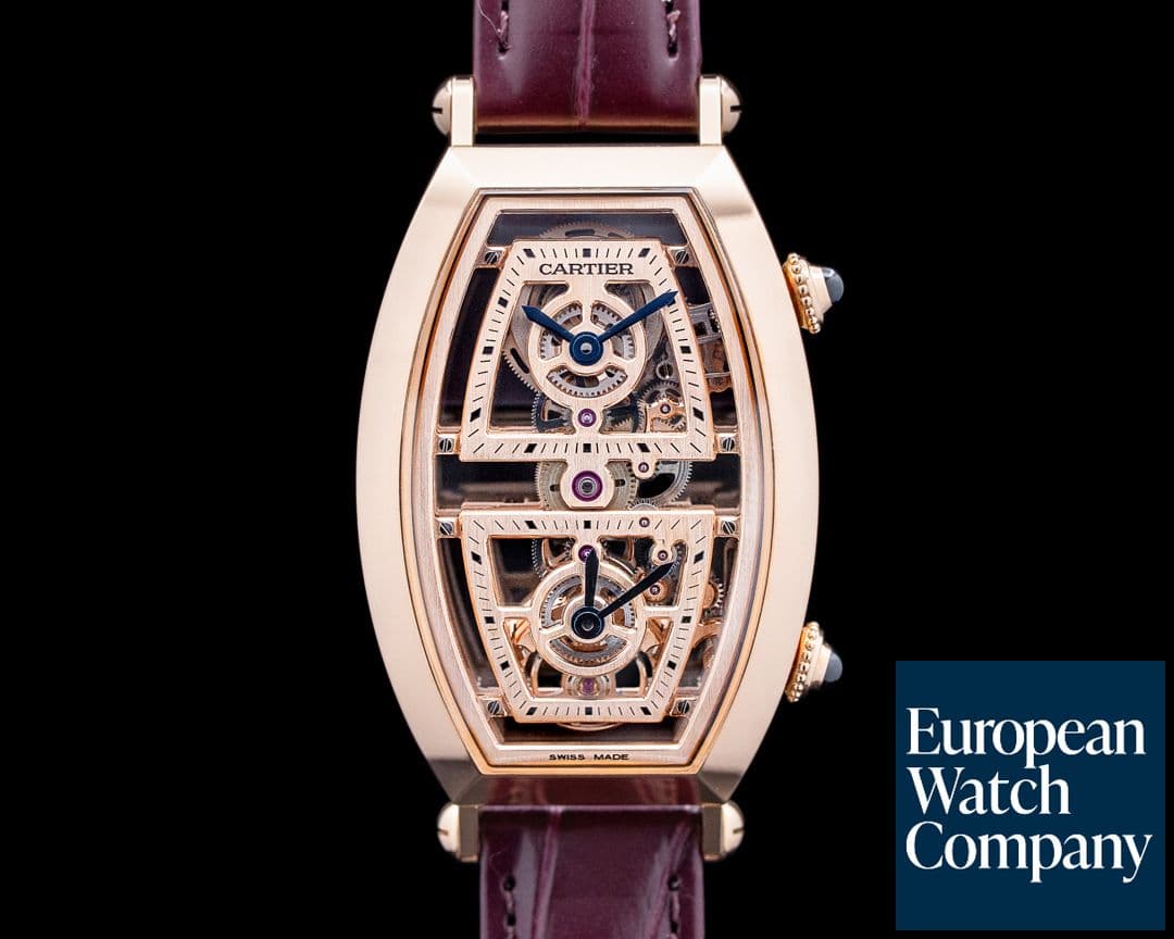 Image of Cartier WHTN0013 Prive Tonneau XL Dual Time 18K RG Skeleton Dial LIMITED