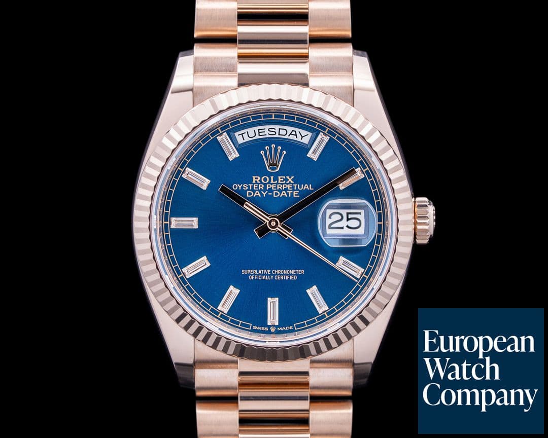Image of Rolex 128235 Day Date President 18K Rose Gold Blue Baguette Dial 2025