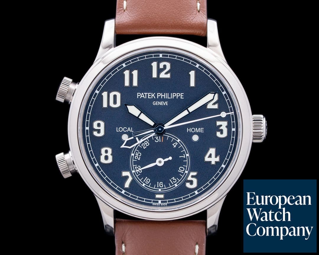 Image of Patek Philippe 5524G Calatrava Pilot Travel Time 18K White Gold Blue Dial