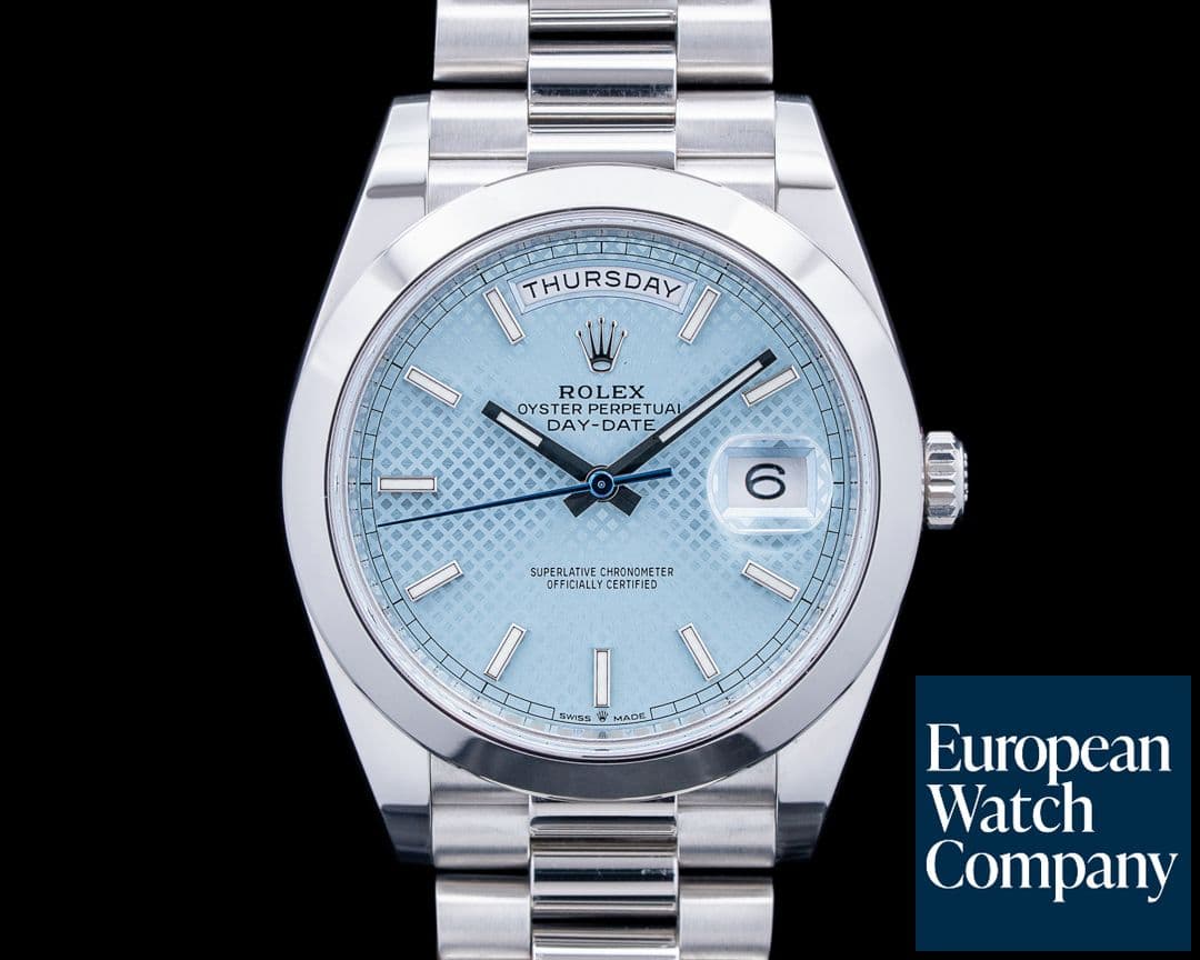 Image of Rolex 228206 Day-Date President Platinum Ice Blue Diagonal Motif Dial