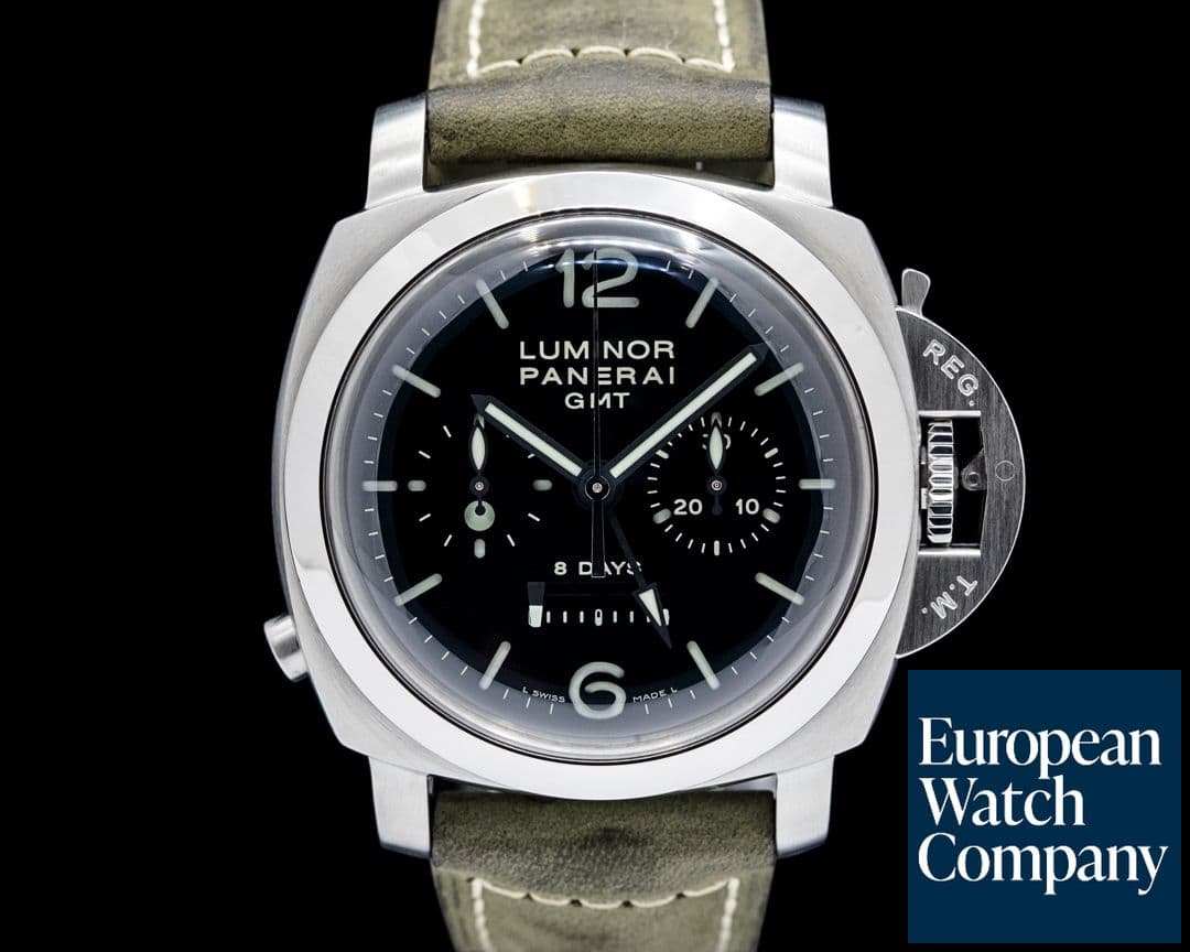 Image of Panerai PAM00275 Luminor 1950 8 Days Chrono Monopulsante GMT SS Black Dial