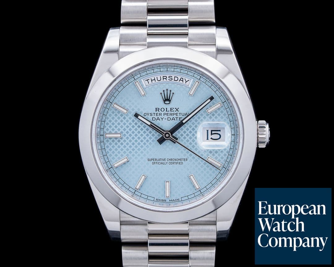 Image of Rolex 228206 Day-Date President Platinum Ice Blue Diagonal Motif Dial