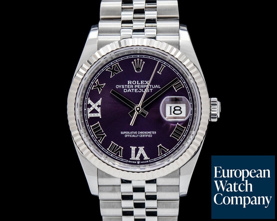Image of Rolex Datejust 36 Jubilee SS Fluted Roman Purple Diamonds Dail
