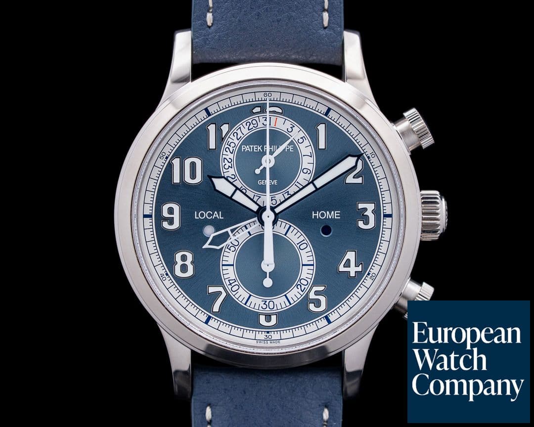 Image of Patek Philippe 5924G Calatrava Pilot Travel Time Chronograph 18K White Gold Blue Dial