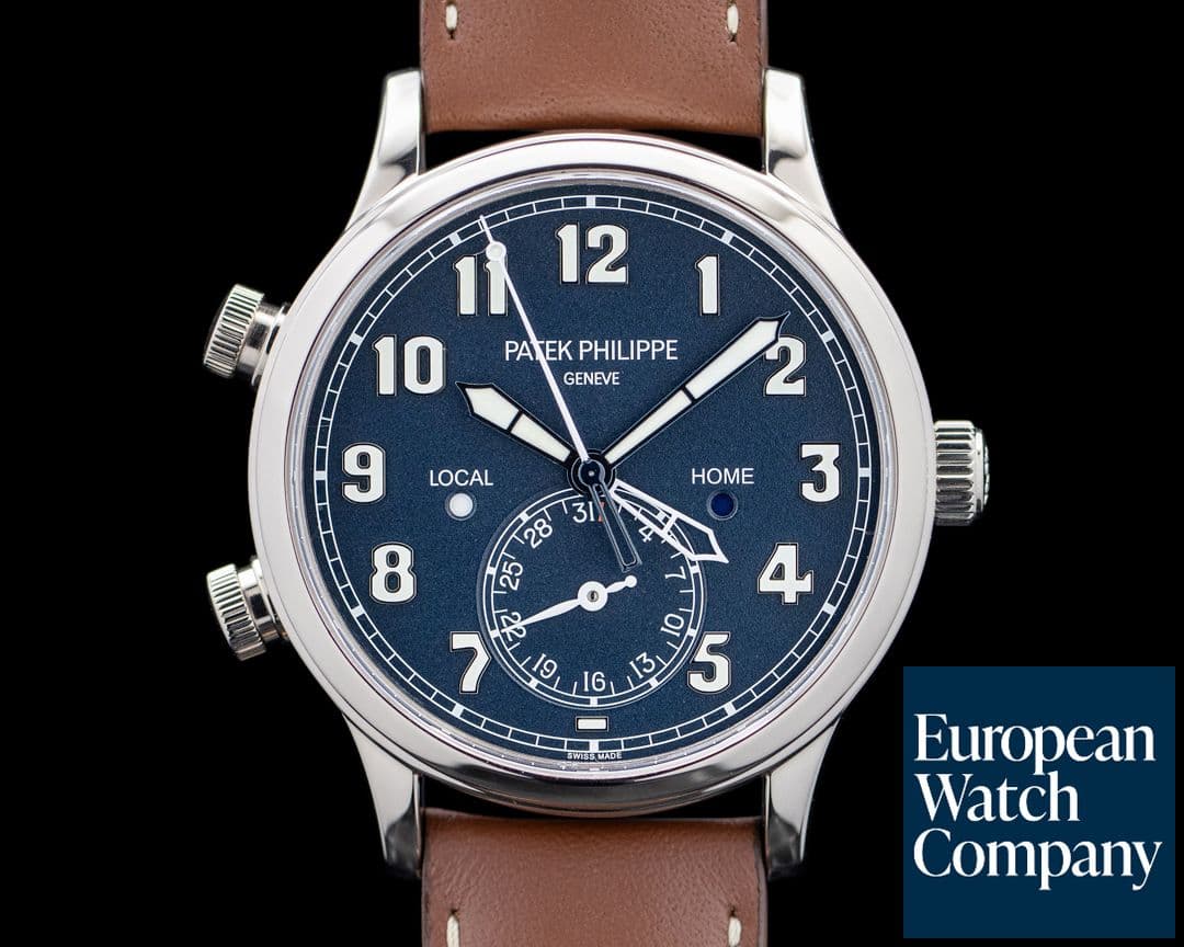 Image of Patek Philippe 5524G Calatrava Pilot Travel Time 18K White Gold Blue Dial