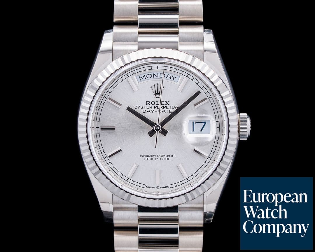 Image of Rolex 128239 Day-Date 36MM President 18K White Gold Silver Dial UNWORN