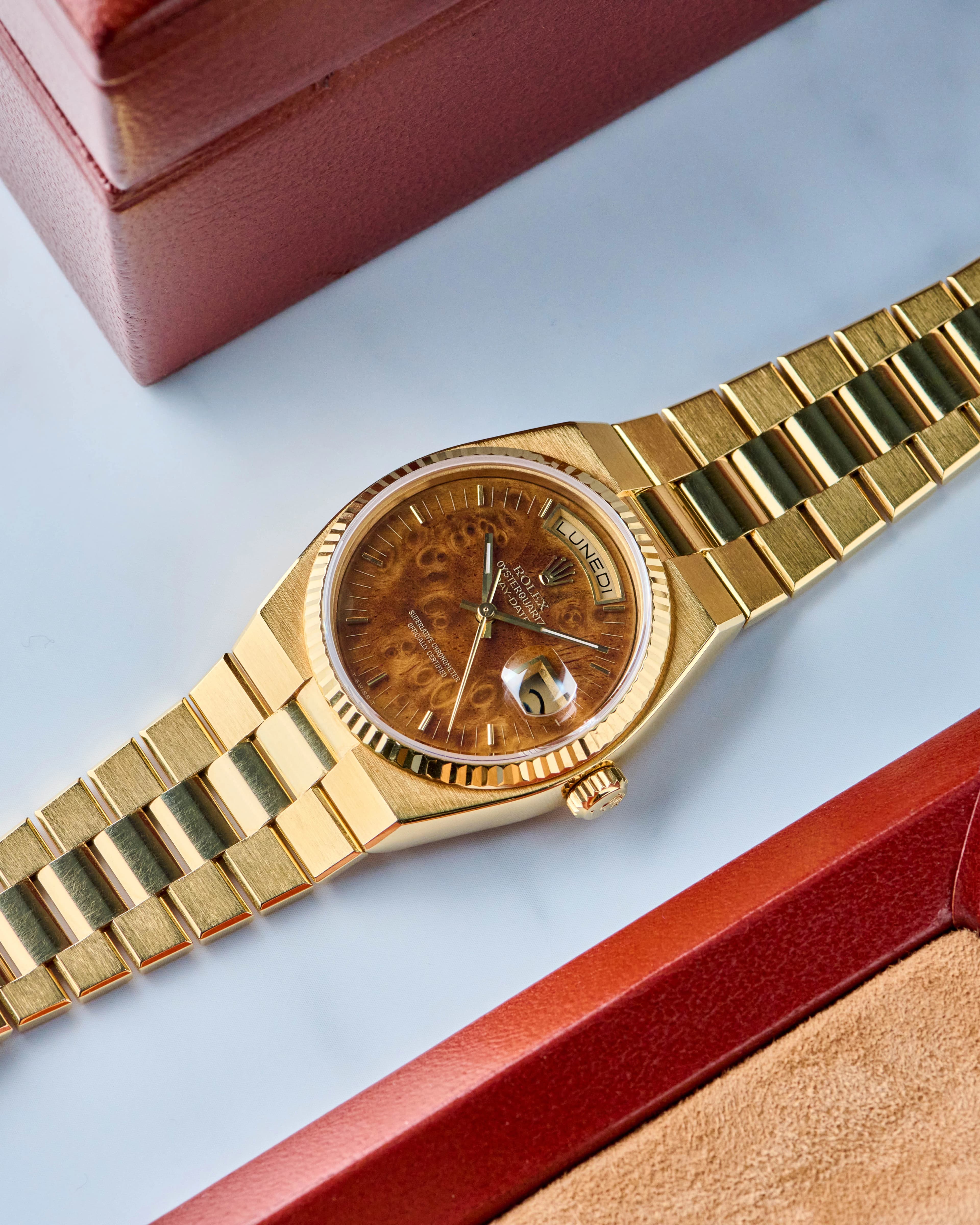 Featured image for Rolex Day-Date Oysterquartz Burlwood Dial Review: ref. 19018