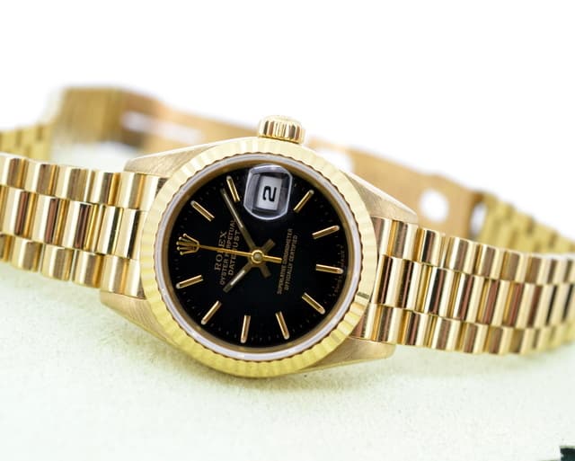 Rolex Ladies Oyster Date President Black Dial 18K Yellow Gold