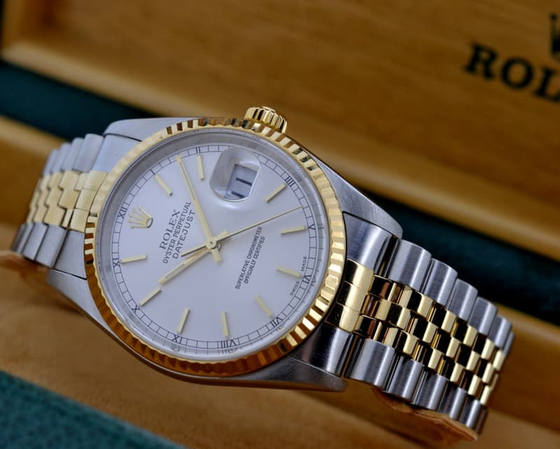 Rolex Datejust Silver Stick 18K Yellow Gold / SS