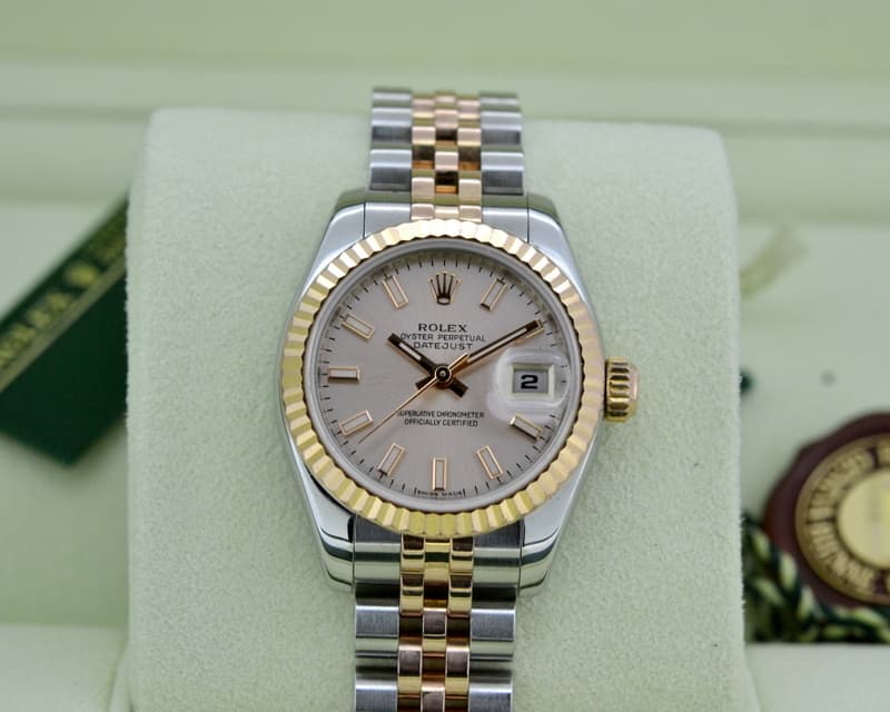 Rolex Lady Datejust 18K Rose/ SS Jubillee Silver Stick Dial