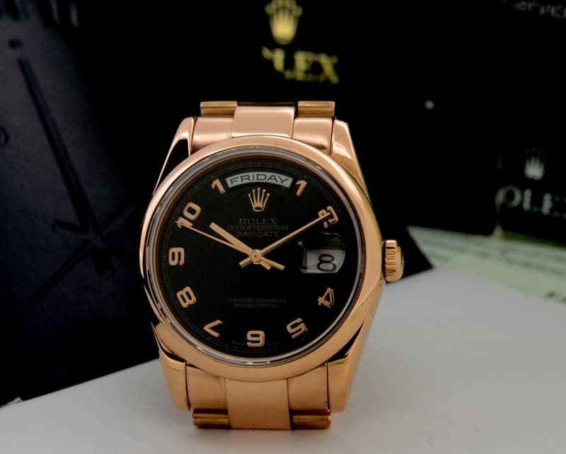Rolex Day Date Oyster President Black Arabic Dial 18K Rose Gold