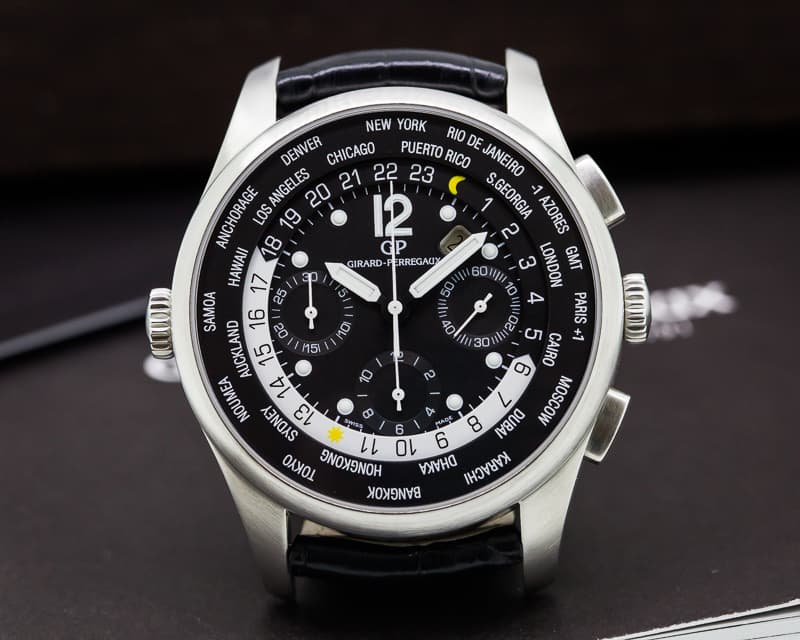Girard Perregaux World Time WW.TC Chronograph Black Dial SS / Alligator