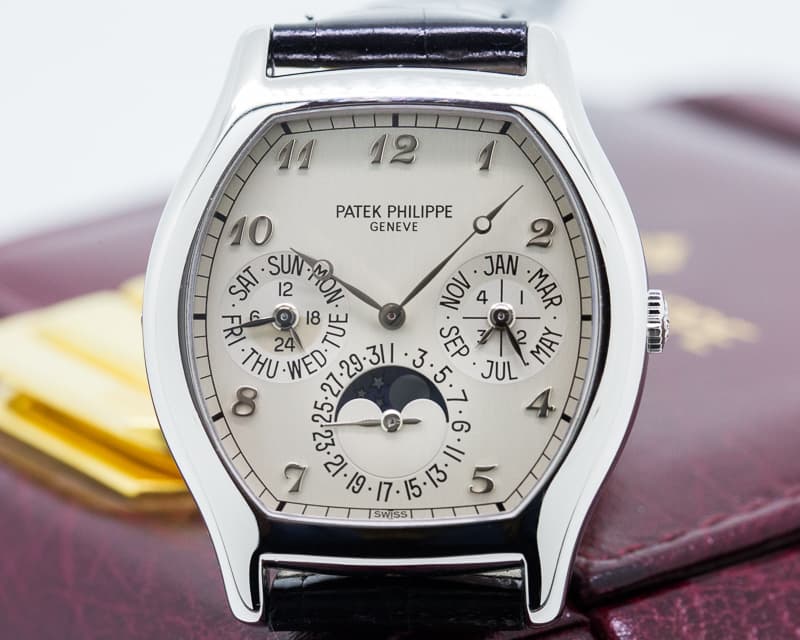 Patek Philippe Perpetual Calendar Tonneau Platinum Silver Arabic Numerals