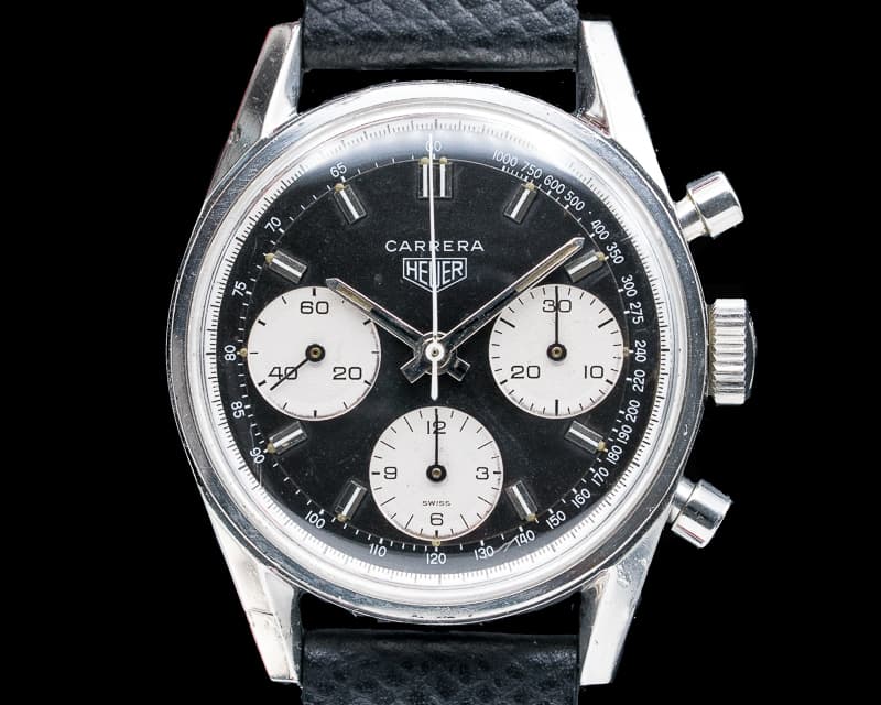 Heuer Vintage Carrera Reverse PANDA Dial Valjoux 72 Circa 1970s
