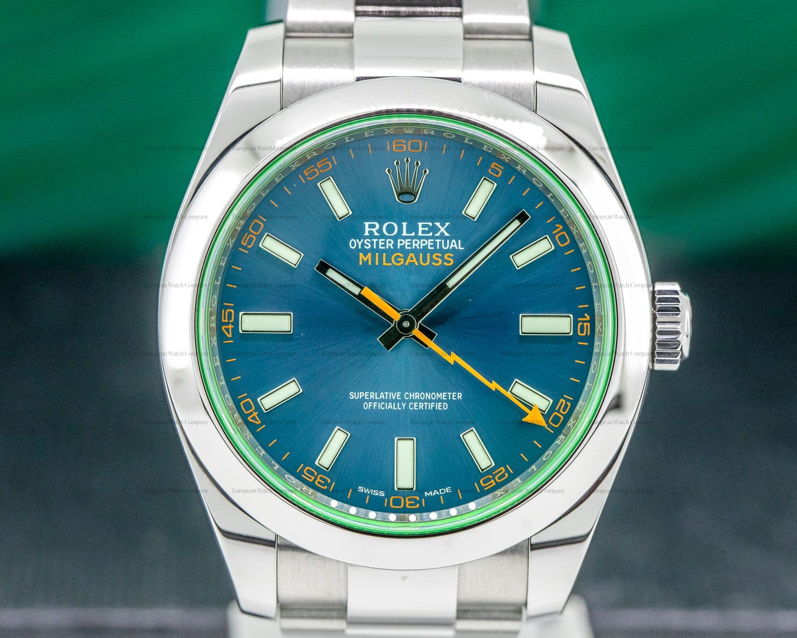 Rolex Milgauss SS Blue Dial Green Crystal