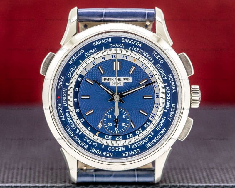 Patek Philippe World Time 5930G Chronograph 18k White Gold Blue Dial