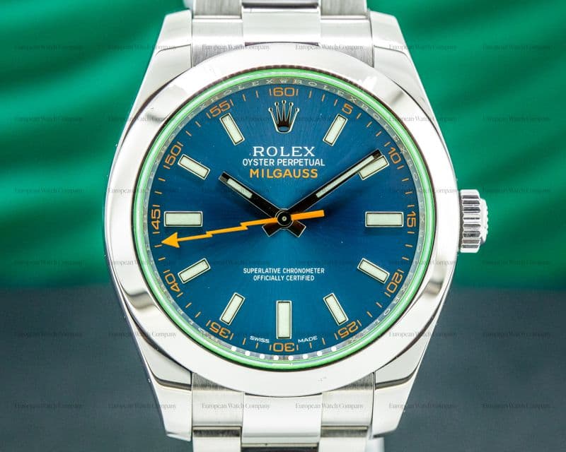 Rolex Milgauss SS Blue Dial Green Crystal