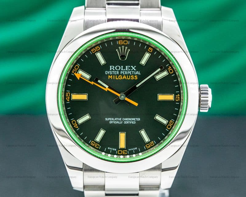 Rolex Milgauss 116400V SS Black Dial Green Crystal