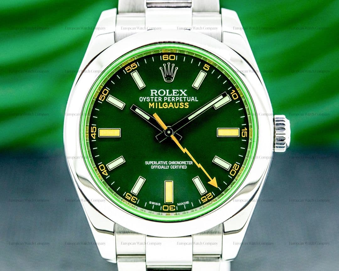 Rolex Milgauss 116400V SS Black Dial Green Crystal