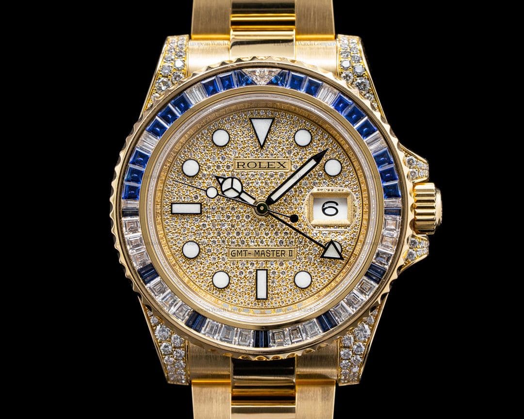 Rolex GMT Master II 116758SA Yellow Gold Pave Dial / Sapphire Bezel
