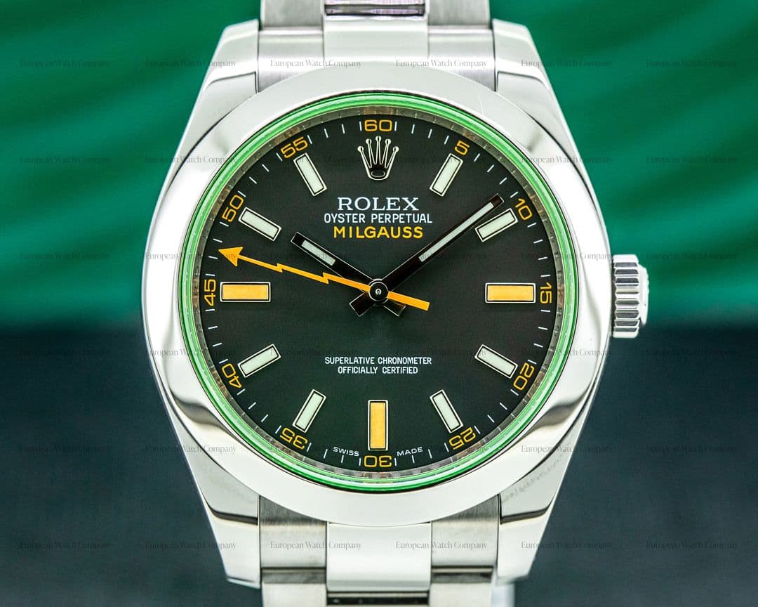 Rolex Milgauss 116400V SS Black Dial Green Crystal