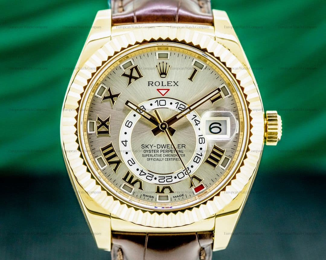 Rolex Sky Dweller Silver Dial 18k Yellow Gold / Alligator