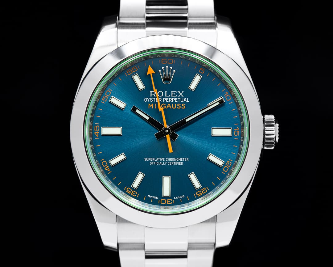 Rolex Milgauss 116400 SS Blue Dial Green Crystal